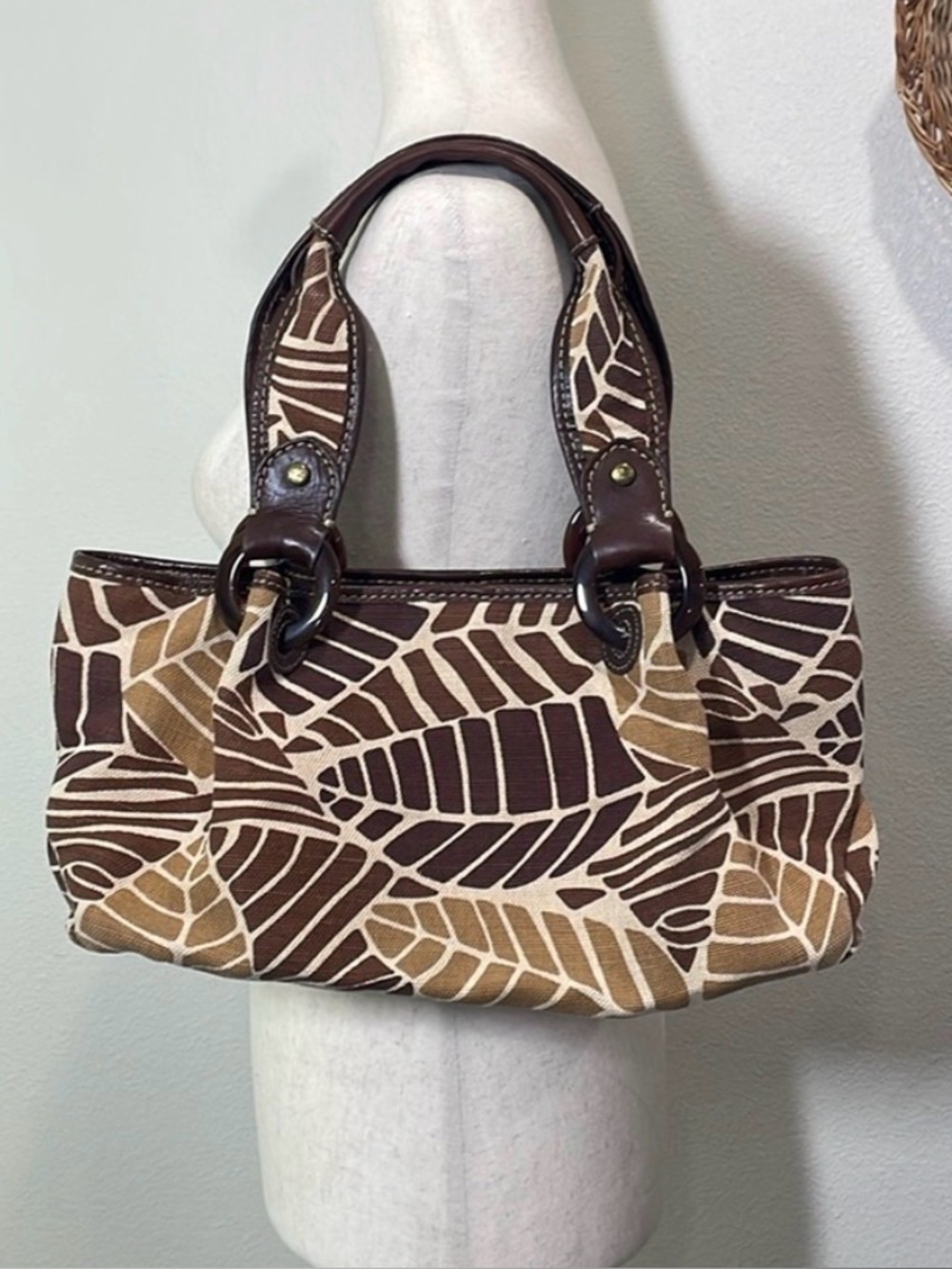 Y2K Fossil Tropical Leaf Canvas & Leather Shoulder Bag Purse Brown Tan Vintage
